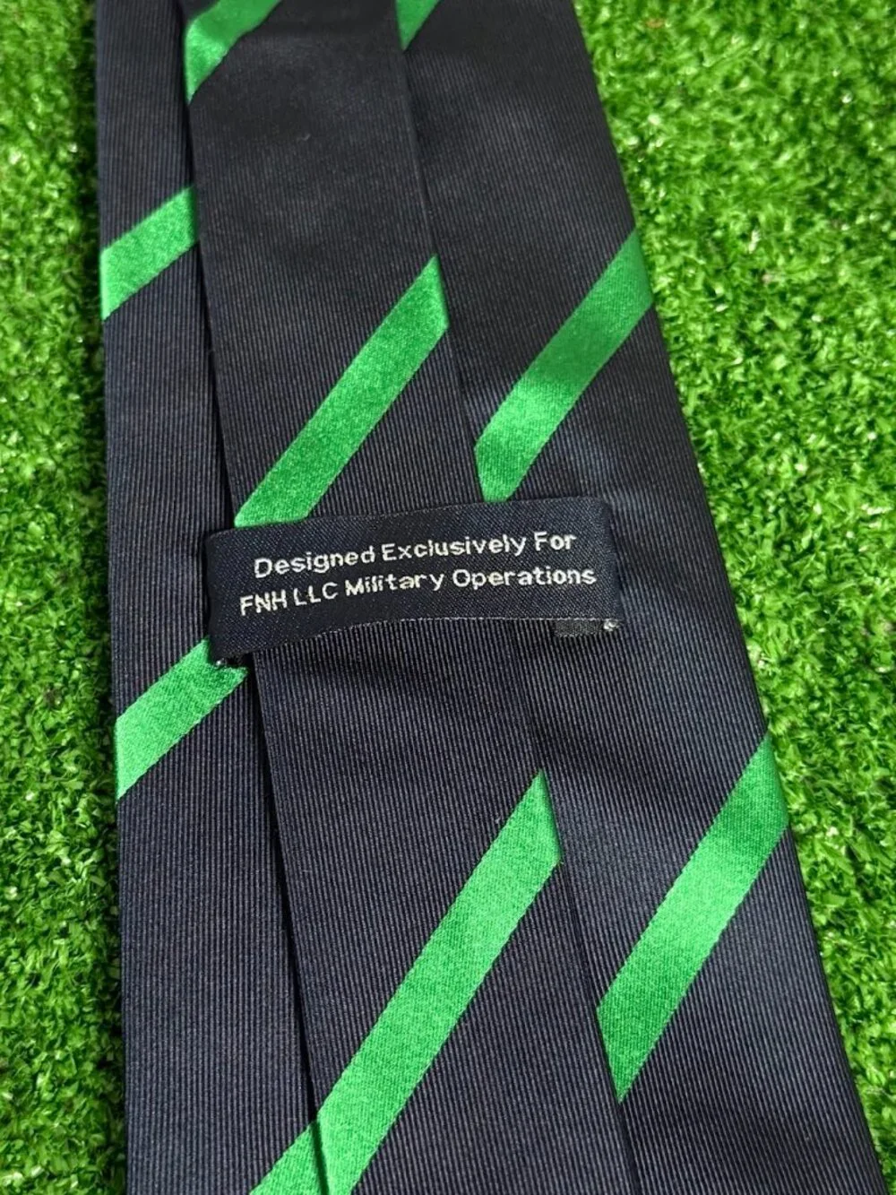 Rare FNH LLC Military Operations Monogram Silk Regimental Tie Navy Green Silk